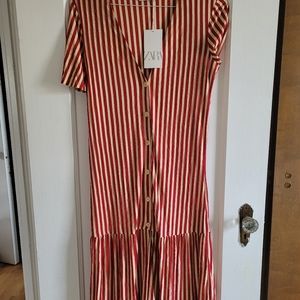 Zara Red and Cream Vertical-Stripe Button Midi Dress